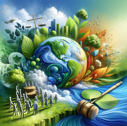 Illustrazione di un pianeta terra circondato da natura e simboli di giustizia, rappresentando l'armonia tra ambiente e legge.