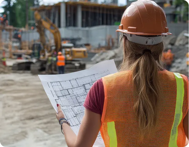 Una donna in un cantiere edile indossa un casco arancione e una giacca riflettente, mentre legge dei progetti di costruzione. Sullo sfondo, operai e macchinari sono attivi nel lavoro.