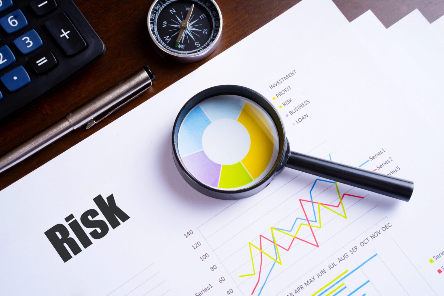 Un ingranditore sovrapposto a grafici e schede finanziarie, evidenziando il termine 'Risk'. Penna, calcolatrice e bussola sono visibili sul tavolo.